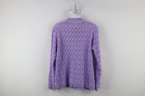 Vintage 60s Streetwear Womens 38 Pointelle Crochet Knit Cardigan Sweater Purple Item image 11