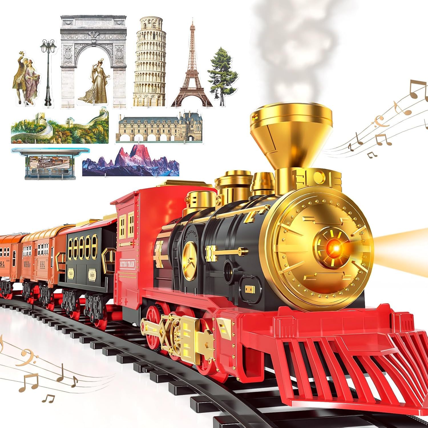 Train Sets With Steam Locomotive Engine, Cargo Car And Tracks, Battery Powered P