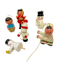 Vintage Hand Painted Mini Wood Christmas Ornaments Snowmen Drummer Lot 6 - £9.12 GBP