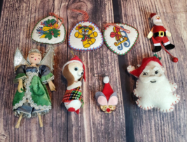 Vintage 1970s Angel Santa Felt Dog Walnut Mouse Ornament Lot Mechanical Lot of 8 - £17.06 GBP