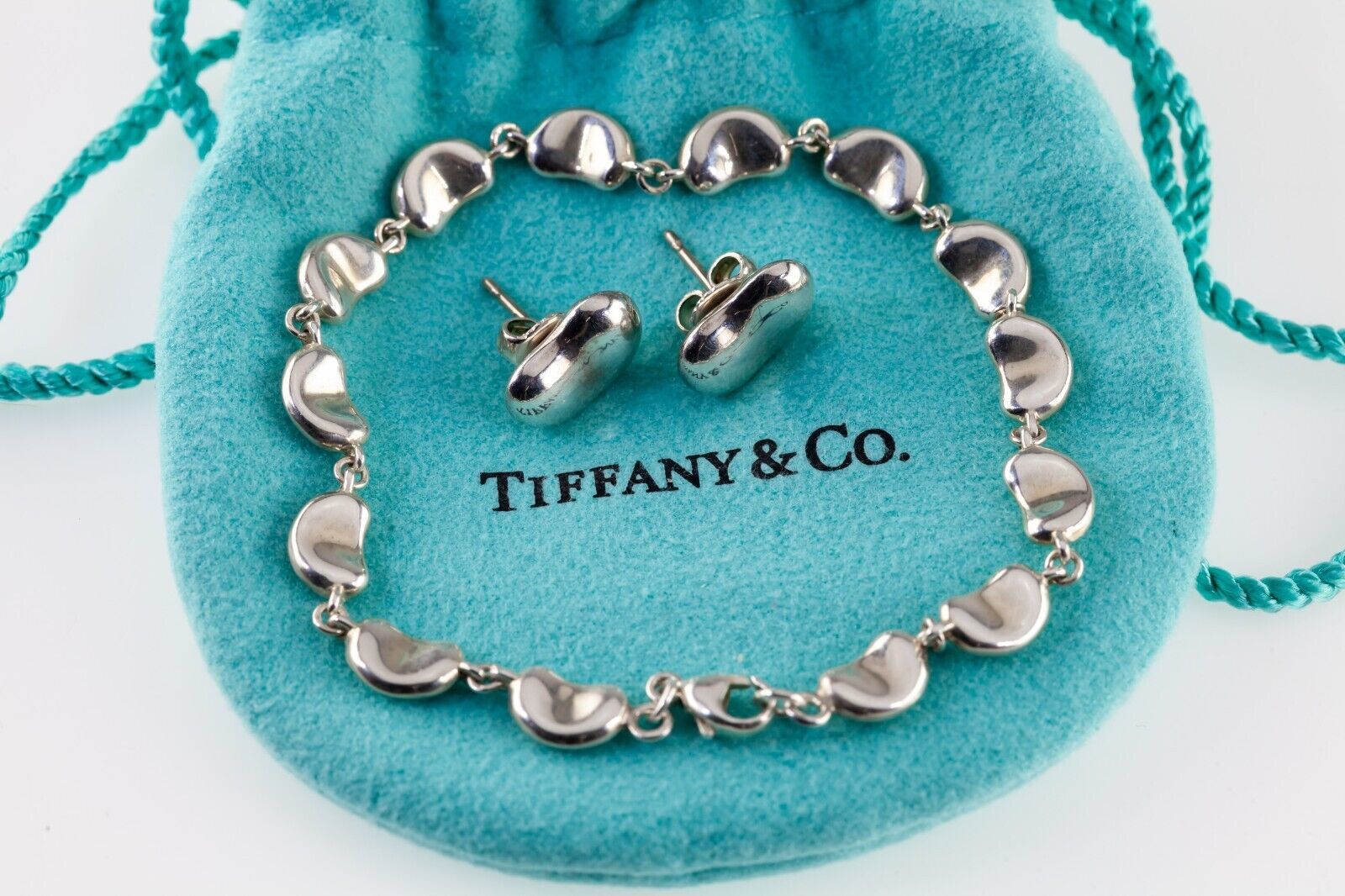 Primary image for Tiffany & Co. Sterling Silver Elsa Peretti Bean Bracelet and Earring Set w/ Box