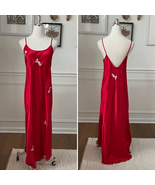 Vintage Natori Red Satin Long Chemise Nightgown Asian Embroidery S - $1,140.44 MXN