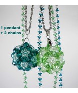 Turquoise-Green Pendants,sparkling beads,2 chains,gift for mother-daught... - $29.83 CAD