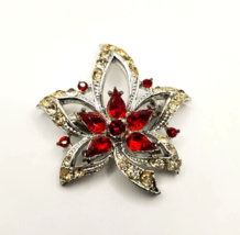 Vintage Flower Brooch Red Silver Rhinestones EUC Sparkle Jewelry Floral Beauty - £8.23 GBP