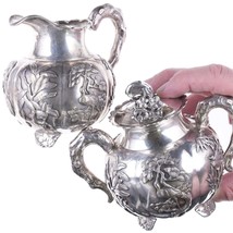 Antique Chinese Export silver creamer and sugar with Chrysanthemums and Cranes - £1,070.42 GBP