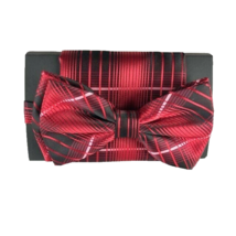 Steven Land Men&#39;s Bow Tie &amp; Hanky Set Red Black Pink Striped Microsilk Hand Made - £19.97 GBP