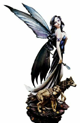 Large 23"Tall Crystal Orb Torch Fairy Running With Wolves Decorative Statue