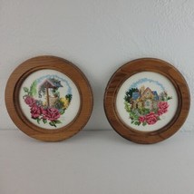 Floral Embroidery Round Framed Set Cottage Core  Wood Lot 2 Farmhouse Co... - $32.95