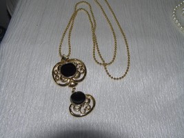 Vintage Long Goldtone Bead Chain with Double Swirl Black Enamel Circle Pendant  - £8.30 GBP