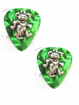 Deep Green Guitar Pick w/ Dancing Bear Pewter Charm Pair Of Earrings - £6.00 GBP