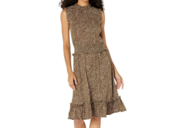 Michael Michael Kors Women&#39;s Cheetah-Print Smocked-Waist Dress Husk M B4HP - £39.92 GBP