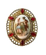 Vintage Victorian Couple Porcelain Portrait Dress Clip Red Rhinestones - $21.60