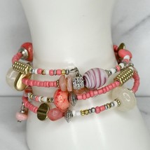 Pink Beaded Silver and Gold Tone Wire Wrap Bracelet - £5.51 GBP
