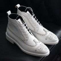NEW New Men Handmade Ankle High White Leather Lace Up Wing Tip &amp; Brogue ... - £142.22 GBP