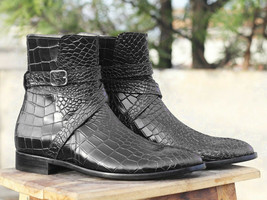 Handmade Men Black Alligator Textured  Leather Jodhpur Ankle Boots, Fashion Boot - £127.51 GBP