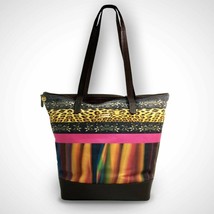 Large Canvas &amp; Leather Handbag. Ethnic Animal Print, Rainbow Design. Zipper Top. - £51.95 GBP