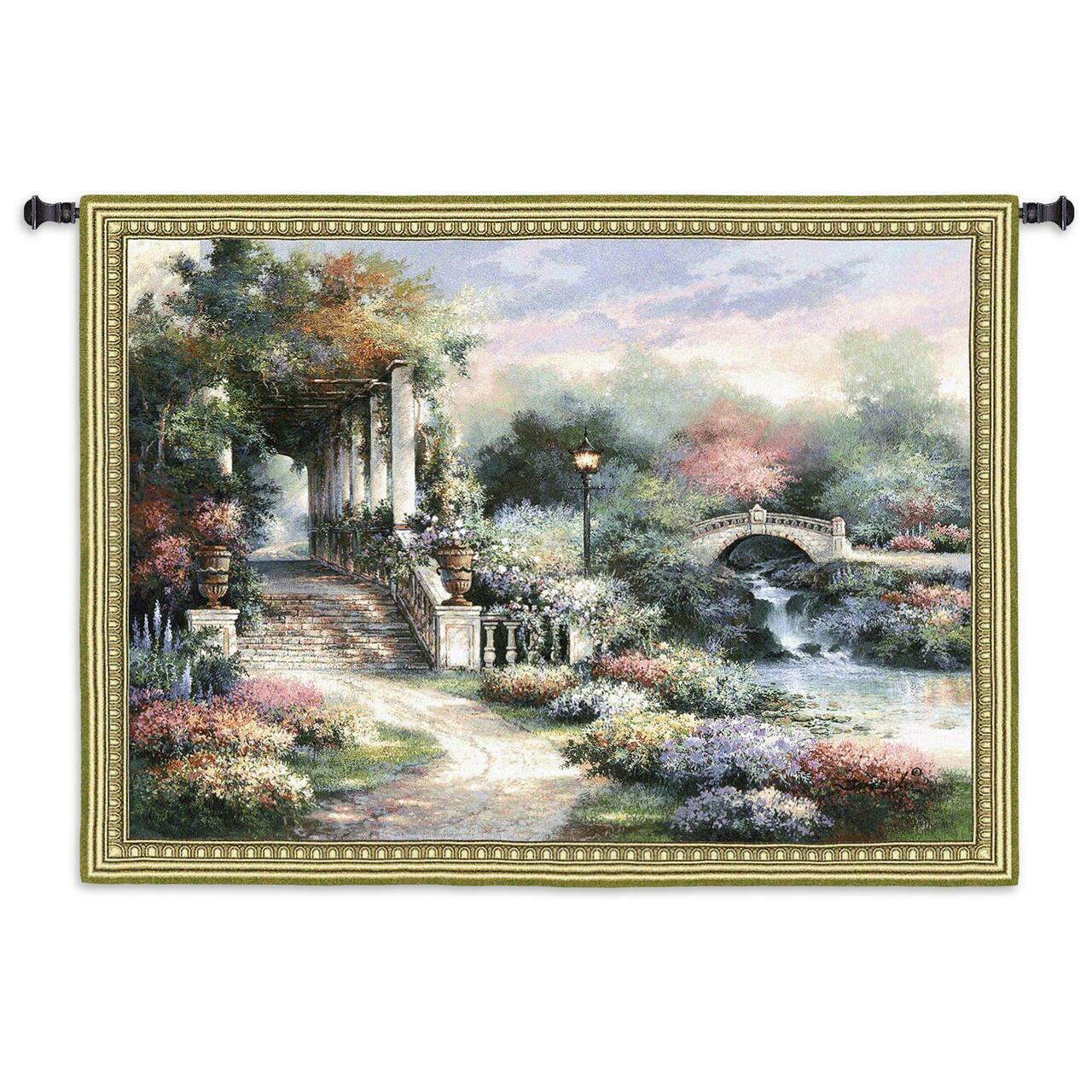 53x42 GARDEN RETREAT Floral Flower River Landscape Nature Tapestry Wall Hanging - $168.30