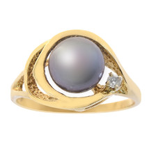 8mm Peacock Color Cultured Pearl &amp; 0.02 Carat Diamond Ring 14K Yellow Gold - £331.58 GBP