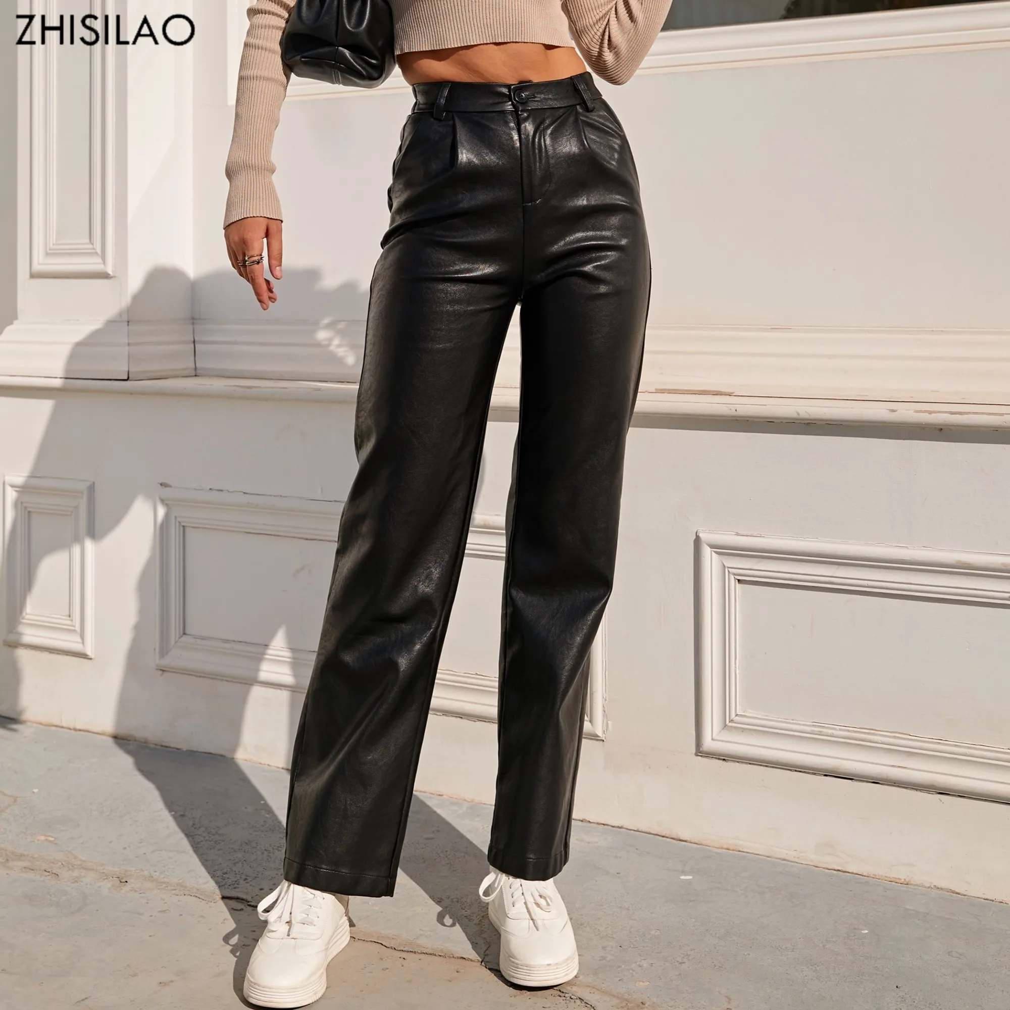 ZHISILAO New  Leather  Waist Cargo Pants Women Streetwear Vintage Loose Black St - £151.33 GBP