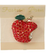 Bite From the Big Apple with Red Rhinestones Fashion Pin Brooch 1.5 Inch... - $17.86 CAD