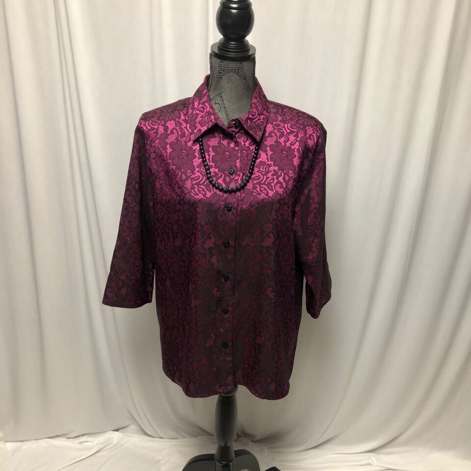 Primary image for Allison Daley Blouse Womens 16 Petite Burgundy Shiny Floral Lace Print Button Up