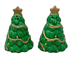 Christmas Tree Salt &amp; Pepper Shaker Set Green With Gold Holiday Star 3.5... - $12.85