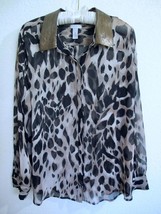 Chico&#39;s Leopard Print Chiffon Tunic Blouse Top 3 XL 16 18 Gold Sequin Collar Blk - £17.63 GBP
