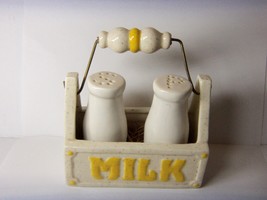 MILK BOTTLES WITH HOLDER SALT &amp; PEPPER SHAKERS  VINTAGE UNUSED - £19.69 GBP