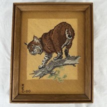 Complete Finished BOBCAT Cross Stitch Embroidery Wild Cat Nature Framed 1980 Vtg - £23.72 GBP