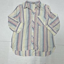Chico’s Womens No Iron Linen Shirt Sz 2 US L 3/4 Sleeve Multi Color Stri... - $27.90