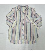 Chico’s Womens No Iron Linen Shirt Sz 2 US L 3/4 Sleeve Multi Color Stri... - $27.90