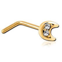 14K Gold-Plated Simulated Diamond Mini Moon L-Bend Nose Stud Pin 20 Gauge - £37.30 GBP
