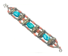 Vintage Nepal Tibetan Bracelet Howlite  Nepalese Ethnic Coral Tibet Hand... - £19.03 GBP