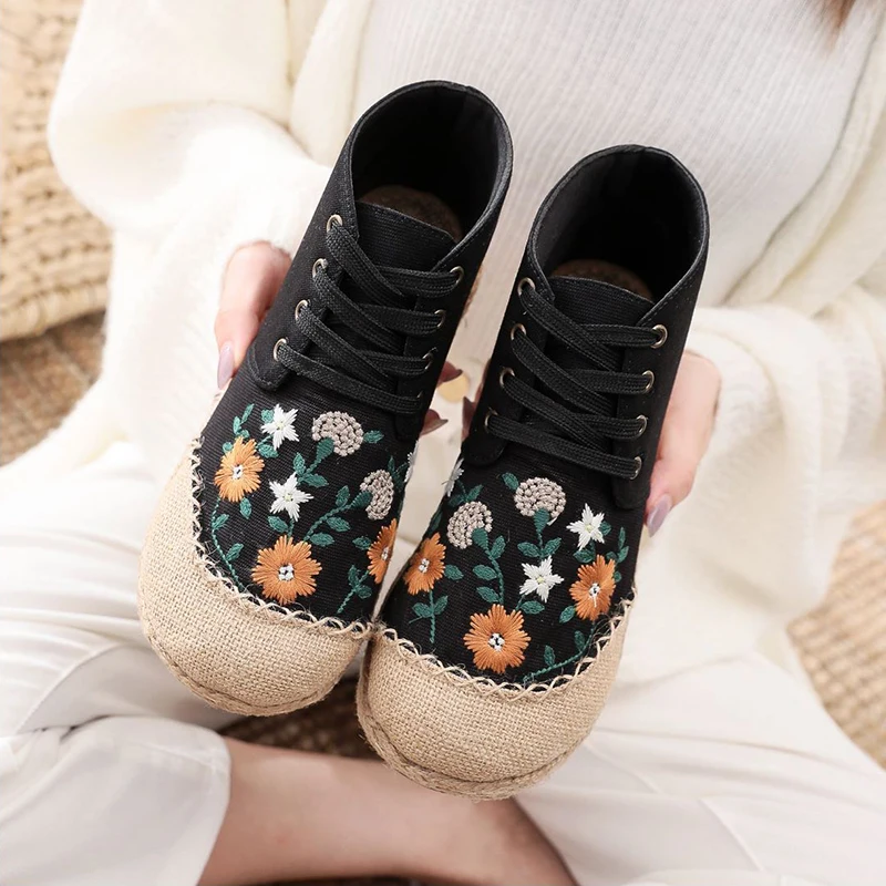 2024 Daisy Embroidered Women Linen Cotton High Top  Up Espadrilles Sneakers Ladi - £53.82 GBP