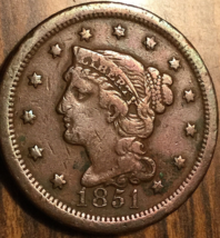 1851 USA BRAIDED HAIR LARGE ONE CENT PENNY COIN - $39.70