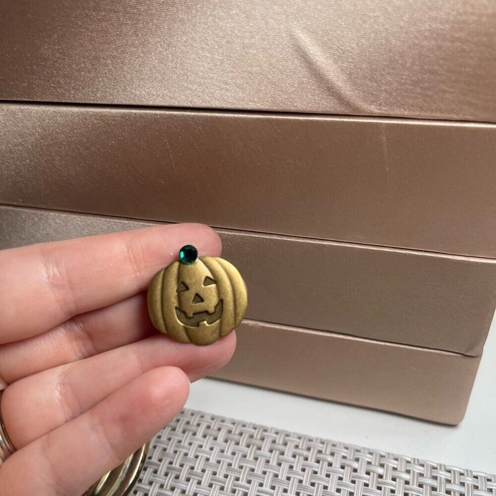 Gold Pumpkin Brooch with Green Gem - $7.70