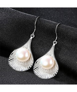 Shell Earrings Natural 925 Silver Earrings Ear Hook Fan-Shaped Pearl 18K... - £29.23 GBP