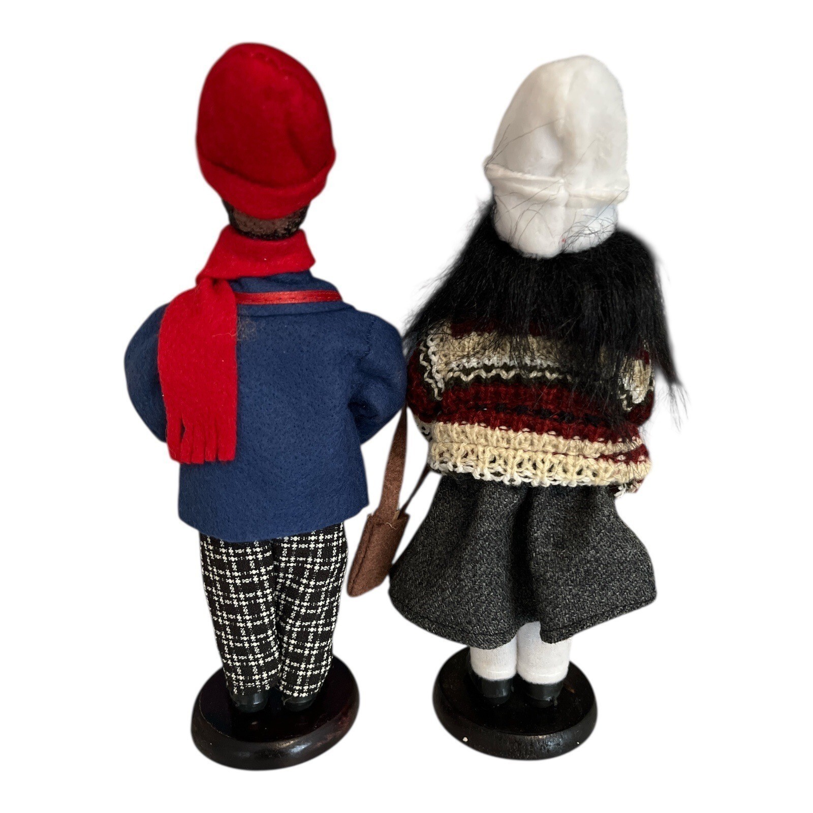 Handmade Black Caroler Dolls – Boy with Trumpet & Girl with Purse – 9” on Wood S Item image 3