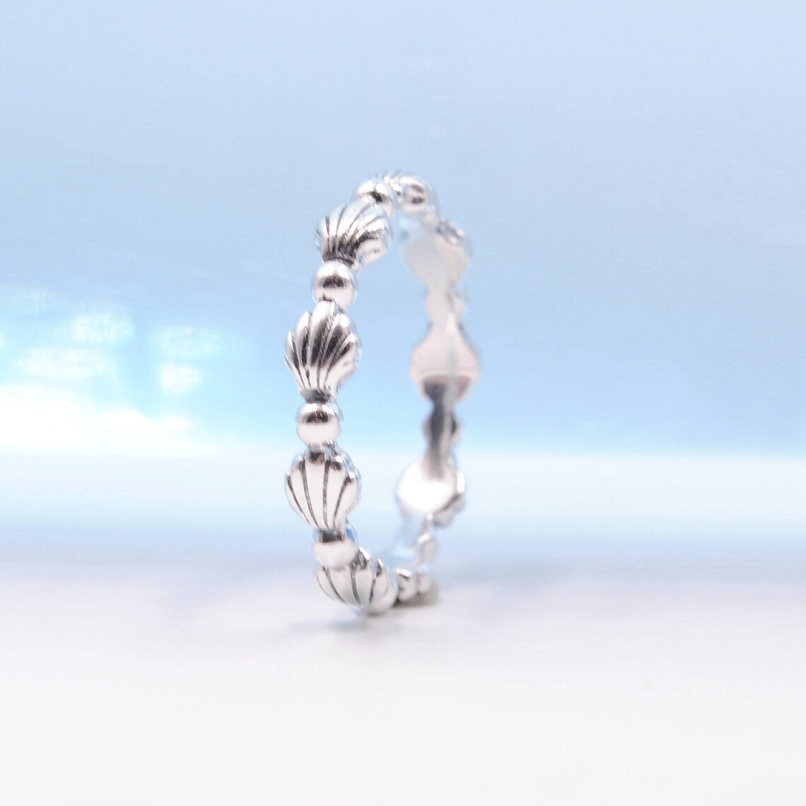 925 Sterling Silver Beaded Seashell Band Ring For Women
