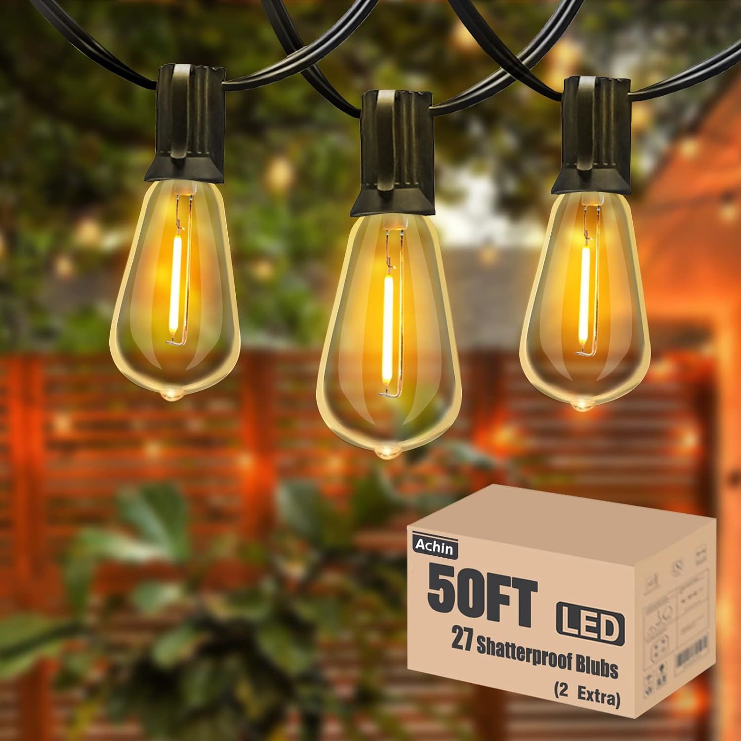 Achin Outdoor String Lights - 50Ft Led Dimmable St38 Warm, 2 Year Warranty - $42.96