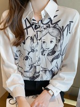 Korean Harajuku  Print Chiffon Blouse Elegant Women Long Sleeve Loose Shirt  Chi - £58.28 GBP