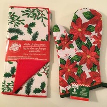 2 pc dish drying mat holly oven mitt poinsettia Christmas House red - $15.99