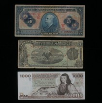 Mexico &amp; Brazil 3-Notes Lot Mexican 1-1000 Pesos &amp; Brazilian 5 Cruzeiros - £37.01 GBP