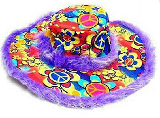 FUZZY PURPLE PEACE SIGN WIDE BRIM HAT hippie party hats WILD CRAZY NOVEL... - $6.64