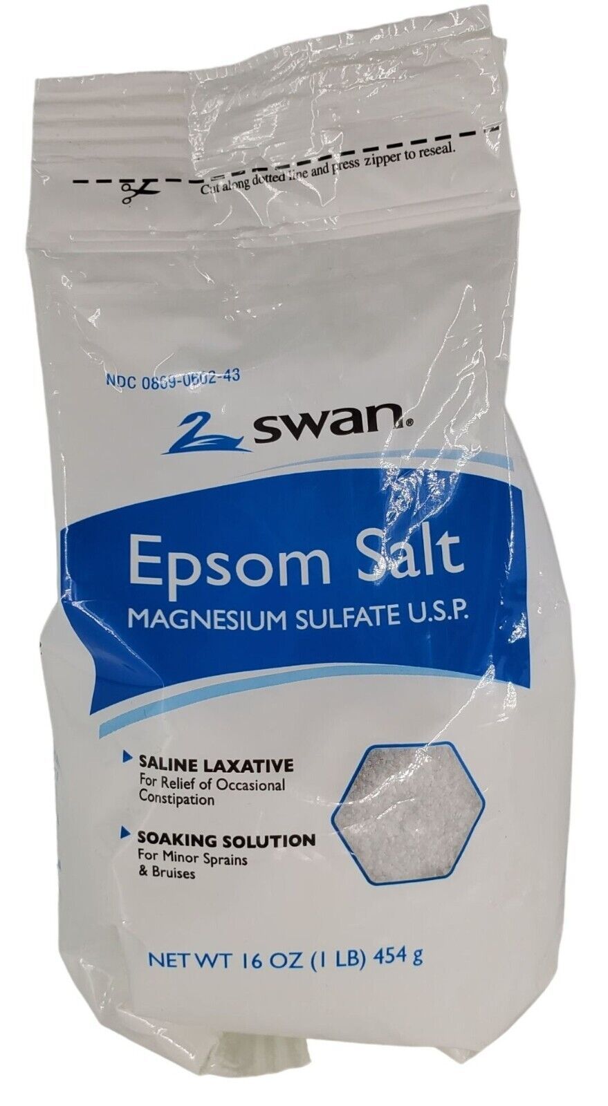 Primary image for Swan Epsom Salt Magnesium sulfate salts 1lb Resealable bag Foot Soaks, Laxative 