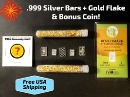 5 Silver .999 1g Bars + 1gn Silver w/ Coa + 2 Vials Gold Flake + Bonus Coin! - £23.30 GBP