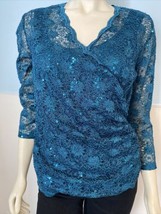 MSK Women&#39;s Lined Stretch Lace 3/4 Sleeve Wrap Top Teal Women&#39;s L NWT - £14.94 GBP