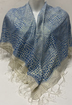 Vintage Blue White Gold Abstract Checkered Square Scarf w/ Fringe - 39in x 4 - £18.36 GBP