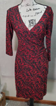 Evan Picone Bodycon Dress Womens Petite 4 Black Red Squiggle Print Wrap V Neck - £29.54 GBP