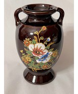 Vintage Black Porcelain Two Handled Vase Hand Painted Floral Made in Japan - £7.80 GBP